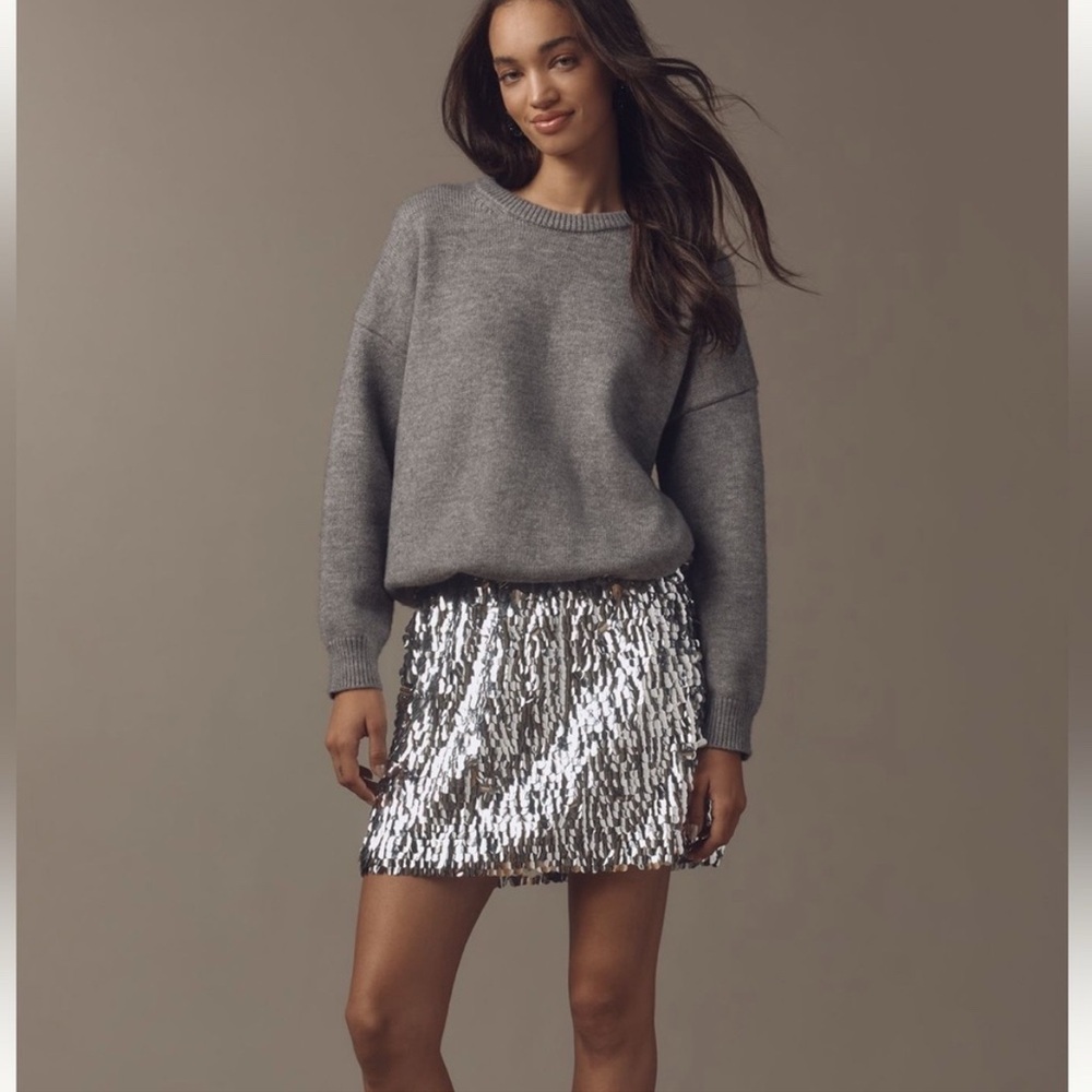 NWT Anthropologie Mare Mare Gray Long-Sleeve Knit Sequin Twofer Mini Dress